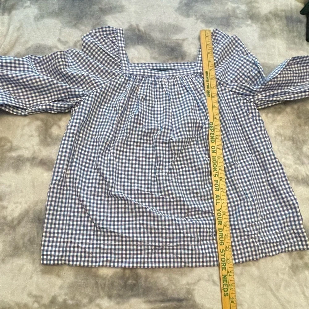 J crew white blue micro plaid puff sleeve cotton blouse